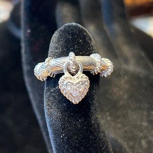 Judith Ripka Sterling silver ring with small dangling heart charm